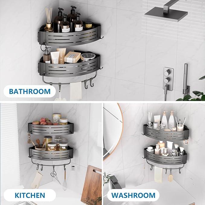 Onemake Corner Shower Caddy with Suction Cups, 2-Pack Removable Aluminum Wall Mounted Organizer Shelves Storage Rack with Towel Bar Portable Hook for Bathroom, Grey - ModernBath