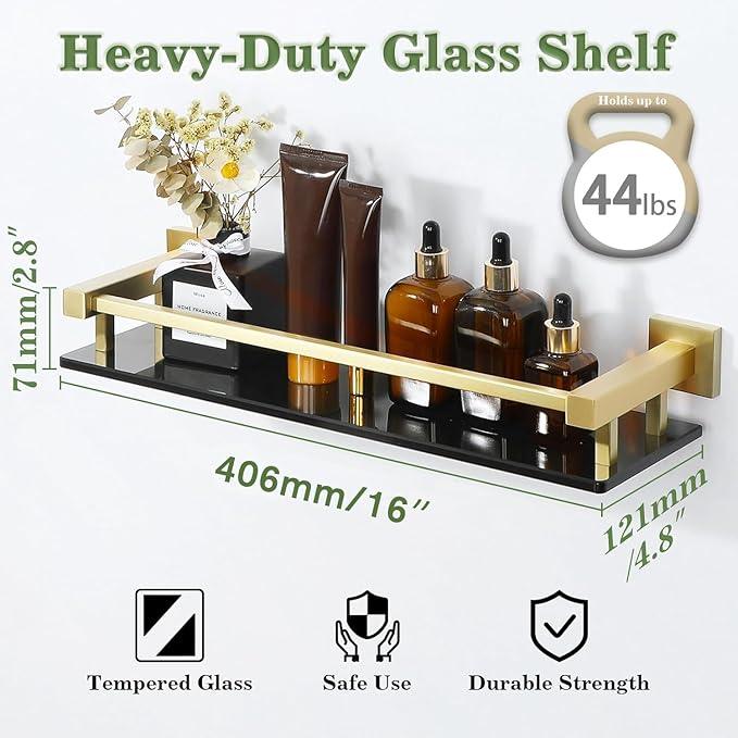 Alise Bathroom Glass Shelf with Stainless Steel Railing, Gold Small Tempered Glass Floating Wall Shelf Over The Toilet, 16 inch - ModernBath