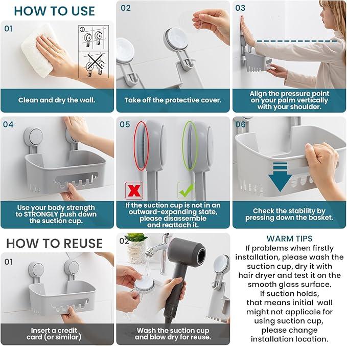 TAILI Shower Caddy Suction Cup, Heavy Duty Bathroom Organizer, Removable Shelves for Inside Shower, Shampoo, Waterproof Suction Plastic Storage for Bathroom Accessories Holder, Gray - ModernBath