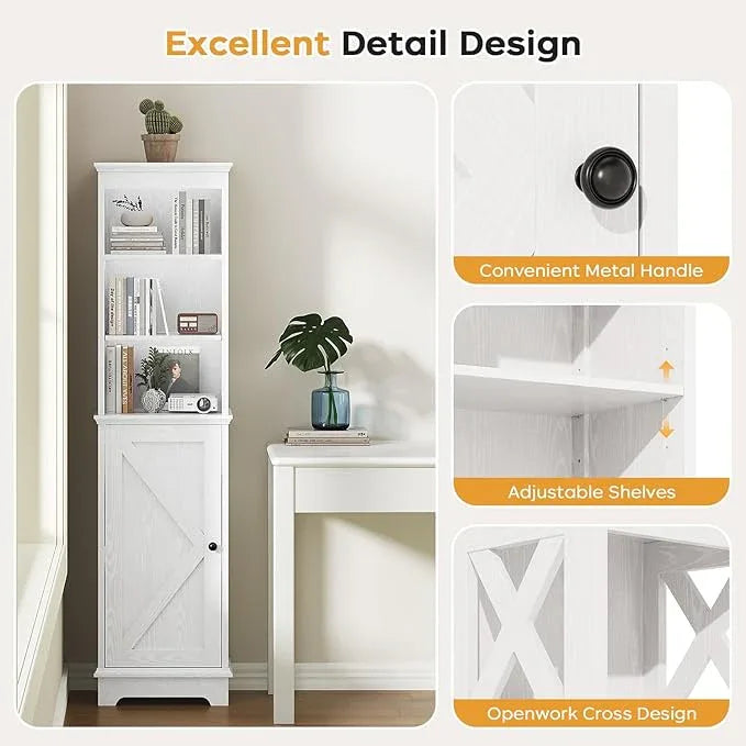 Narrow Bathroom Storage Cabinet with Door and Open Adjustable Shelves, 60.9" H Wooden Tall Tower Corner Farmhouse Cabinet, Freestanding Organizer for Kitchen, Entryway White - ModernBath