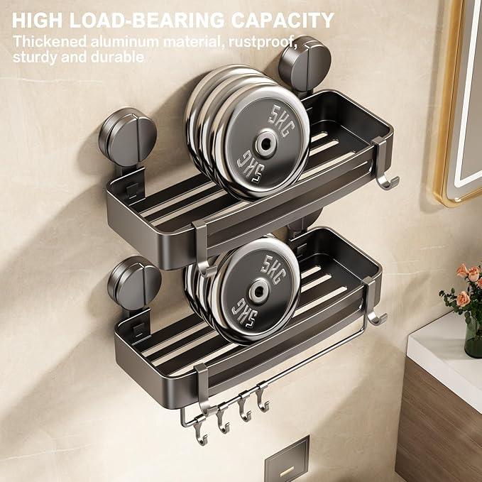 VOLPONE Shower Caddy Suction Cup, 2 Pack Corner Shower Shelves No Drilling, Showers Organizer Storage with Towel Bar & Removable Hooks, Bathroom Shower Shelf Rack for Inside Showers, Square - ModernBath