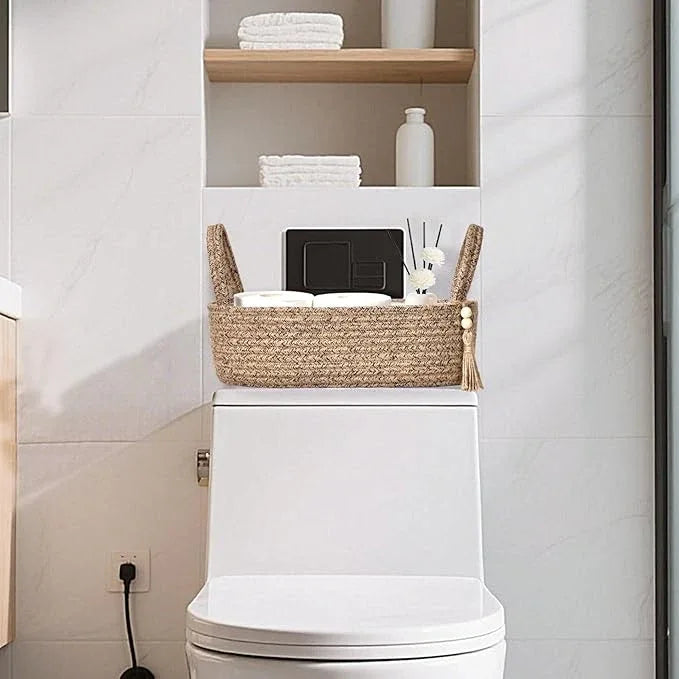 ABenkle Small Storage Basket for Toilet Tank Top - Jute Rope Woven Organizer with Handle, Boho Countertop Bathroom Decor, Toilet Paper Holder, 13x6x4 Inch - ModernBath