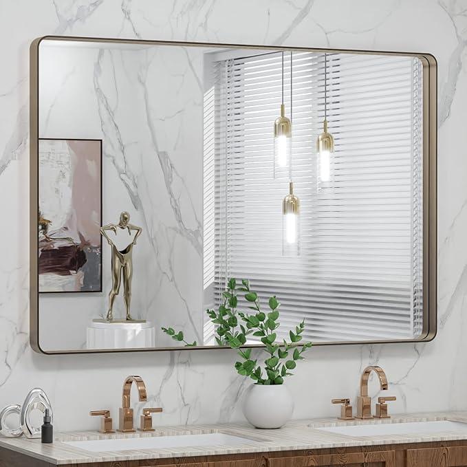 LOAAO 48”X32” Bronze Bathroom Mirrors for Vanity, Rounded Rectangle Brushed Bronze Metal Frame Mirror, Anti-Rust, Tempered Glass, Hangs Horizontally or Vertically - ModernBath
