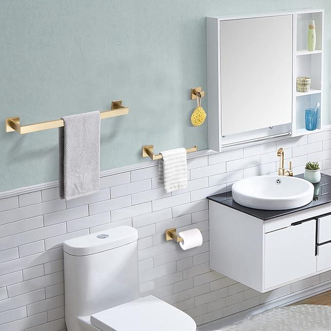 TURS Brushed Gold Bathroom Accessory Set 4-Pieces Bathroom Hardware Set Square Towel Bar Set Stainless Steel Towel Holder Set - ModernBath