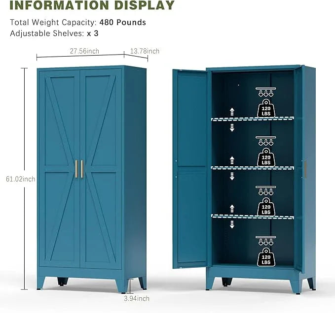 COFaR Home Farmhouse Storage Cabinet with 2 Barn Door, Tall Kitchen Pantry Cupboard with 3 Adjustable Shelves, for Dining Room, Bathroom, Living Room (Blue Green, 61" Farmhouse) - ModernBath