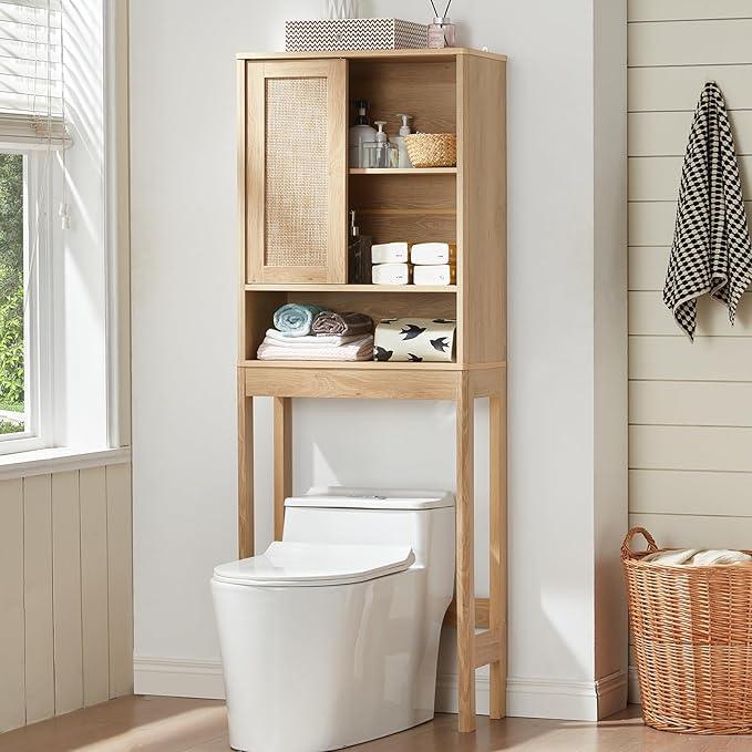 LEYAOYAO Over The Toilet Storage Cabinet with Rattan Sliding Door, 68" Tall Wood Above Toilet Bathroom Organizer w/Adjustable Shelf & Curved Profile, Space Saver Freestanding Washer Shelf, Natural - ModernBath