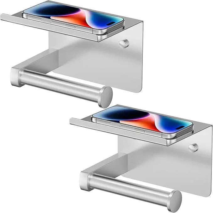 FORIOUS Toilet Paper Holder with Shelf, Adhesive or Screw Wall Mount Toilet Roll Holder for Bathroom, Rustproof 304 Stainless Steel Commercial Toilet Tissue Holder, 2 Pack Brushed Nickel - ModernBath