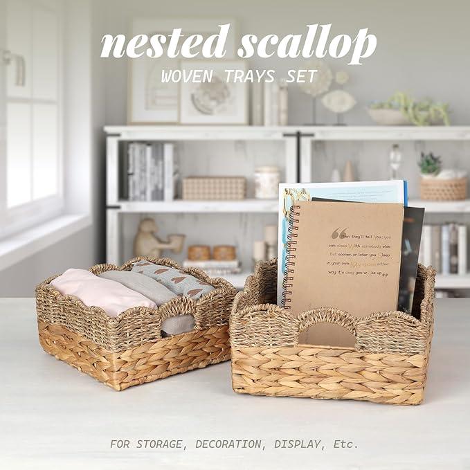 Scalloped Baskets (Natural-Set of 2) Wicker Basket For Decor, Basket Living Room Organizer, Bathroom, Bedroom, Laundry,... Water Hyacinth Mix Seagrass Storage Baskets with Built-in Handles. - ModernBath