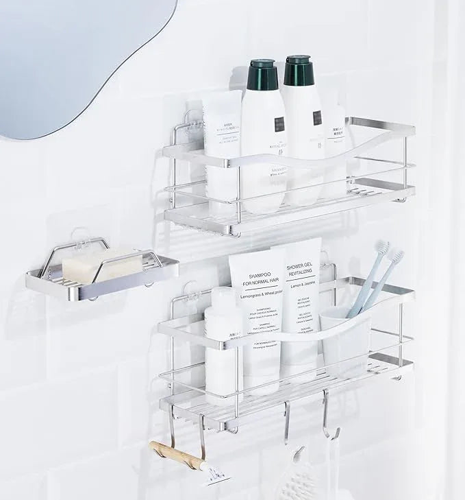 KINCMAX Shower Caddy and Soap Holder, Rustproof SUS304 Stainless Steel, Adhesive Wall Mount Double Baskets 3-pack with Hooks (Polished Silver) - ModernBath