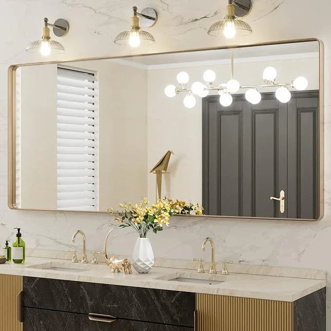 LOAAO 72”X32” Gold Bathroom Mirror, Rounded Rectangle Gold Frame Mirror, Brushed Gold Bathroom Vanity Mirror Wall-Mounted, Anti-Rust, Tempered Glass, Hangs Horizontally or Vertically - ModernBath