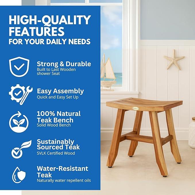 EcoDecors 18 Inch Satori Natural Teak Waterproof Teak Wood Shower Bench Stool Seat Chair For Inside Shower Provides Safety, Storage, and Organization For Bathroom Accessories - ModernBath