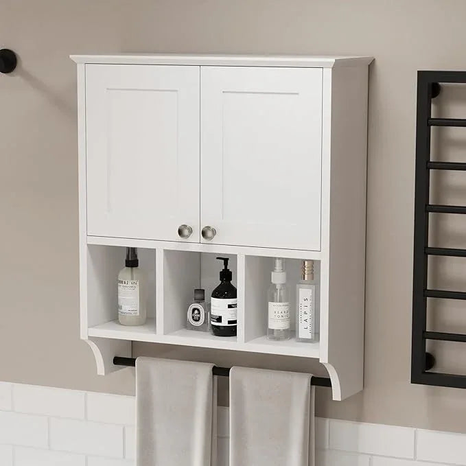 Bathroom Medicine Cabinet, Bathroom Cabinet Wall Mounted Over-The-Toilet with Towel Bar, 2 Doors & 3 Open Shelves, White - ModernBath