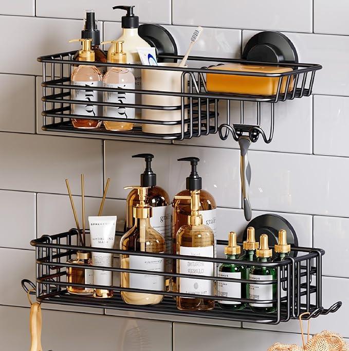 TAILI Shower Caddy Suction Cup 2 Pack with Hooks & Soap holder, Heavy Duty Shower Organizer for Bathroom, No Drilling Bathroom Organizer with Large Capacity, Black Metal Storage Basket - ModernBath