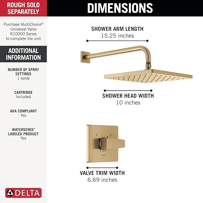 Delta Modern 14 Series Square Rain Shower Faucet Set, Brushed Gold Shower Head and Handle Set, Valve Trim Kit, Champagne Bronze T14268-CZ-PP (Valve Not Included) - ModernBath