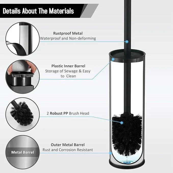 BGL Stainless Steel Toilet Brush with Holder, 2 Black Bristle Heads - ModernBath