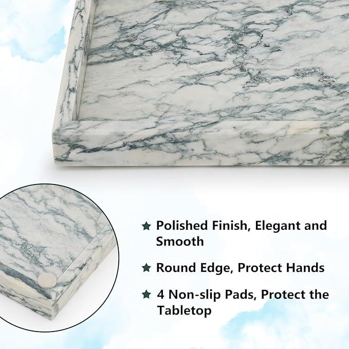 Zilukar Real Natural Marble Tray for Bathroom, Vanity, Kitchen and Desktop, Rectangle Genuine Marble Stone Tray for Jewelry, Cosmetics, Candles, Lotion, Perfume (Cyan-Green, 12" x 8" x 1.2") - ModernBath