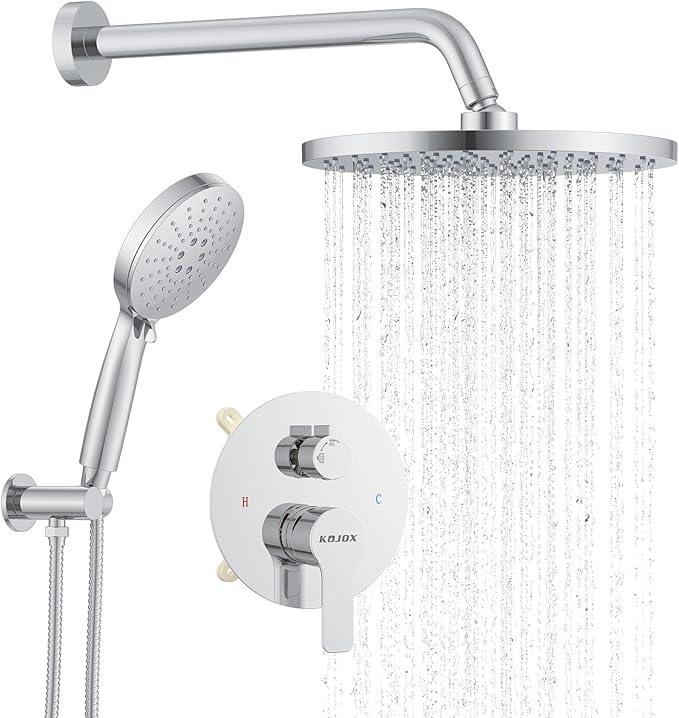 KOJOX Shower Set - Polished Chrome High Pressure Shower Head System- 3 Setting Headheld Shower Head Fixtures- Valve Included - ModernBath