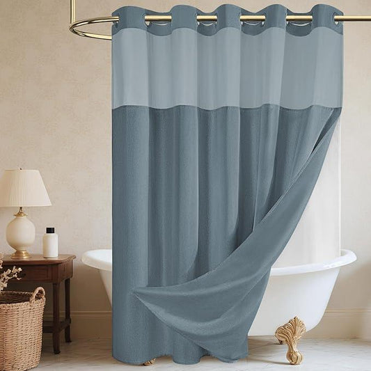 WONICY Extra Long No Hook Shower Curtain with Snap in Liner, Polyester Textured Shower Curtain with Liner Set, Waterproof Washable Hotel Style Shower Curtains for Bathroom, 71Wx86H, Blue Grey - ModernBath