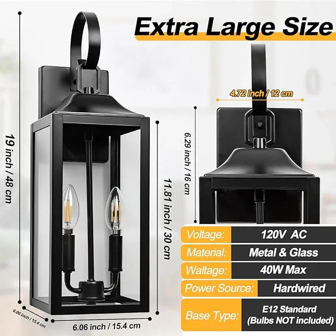 19" Black Outdoor Wall Lantern 2-Light, Large Outside Modern Porch Sconce Light Fixture, Industrial Porch Light Wall Mount with Glass, Waterproof Farmhouse Exterior Lamp Lighting （1 Pack） - ModernBath
