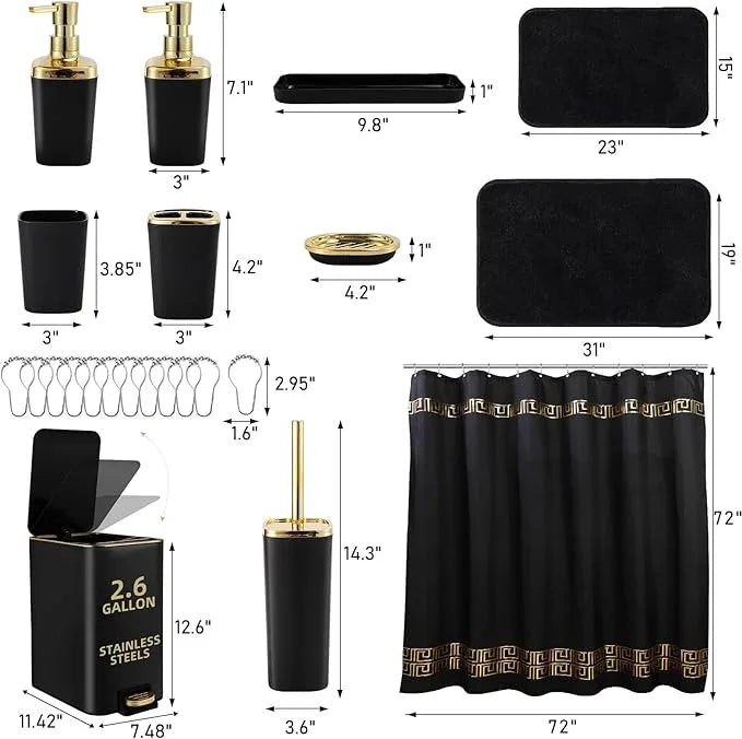 XLHOMO Bathroom Sets with Shower Curtain and Rugs Black Bathroom Accessories Bathroom Set,Soap Dispenser & Toilet Brush Holder Set with Stainless Steel Trash Can - ModernBath
