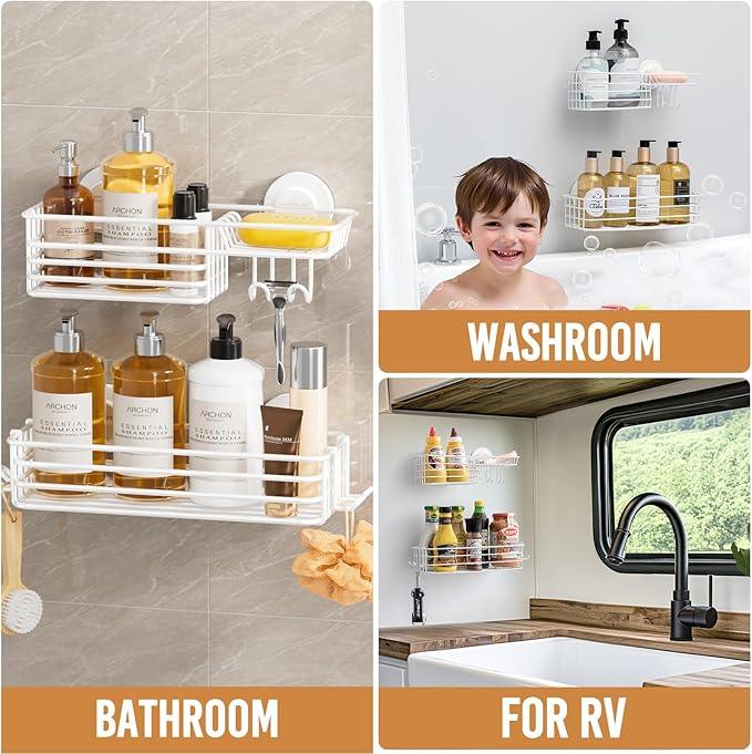 LEVERLOC Shower Caddy Suction Cup, 2 Pack Shelves for Inside with Hooks and Soap Holder, NO-Drilling Bathroom Holder, Rustproof Meatl Bathroom Organizer, White - ModernBath