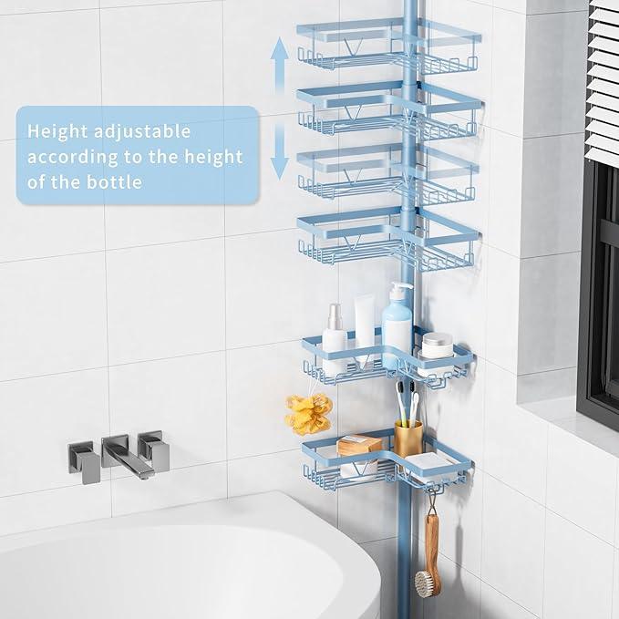 KEGII Shower Caddy Tension Pole, 4-Tier Rustproof Adjustable Corner Bathroom Organizer for Renters, 25–114.2 Inch No Drill Space-Saving Shower Storage Rack, Blue - ModernBath