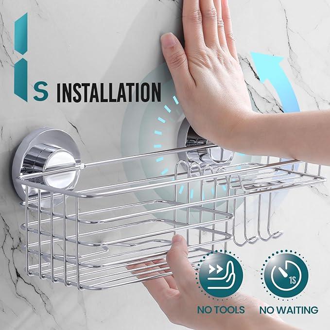 TAILI Shower Caddy Suction Cup 2 Pack with Hooks and Soap Holder, Heavy Duty Shower Organizer for Bathroom, No Drilling Silver bathroom suction shelves - ModernBath
