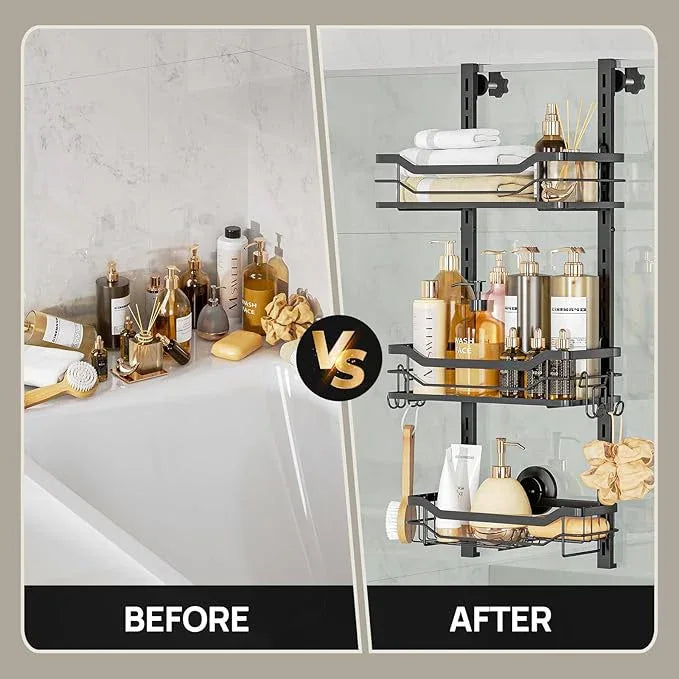 LEVERLOC Over The Door Shower Caddy, Shelf Distance Adjustable Hanging Rack Sturdy Rust Proof Bathroom Shelves with Strong Suction Cup, Shower Organizer Basket Storage Rack, Metal Black - ModernBath