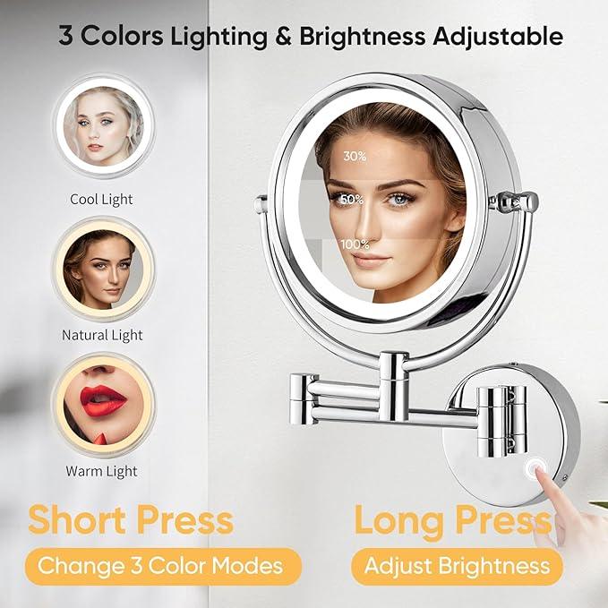 GURUN 8.5 Inch Magnifying Makeup Mirror with 3 Tones Dimmable LED Lights Double Sided Touch Control Rechargeable Vanity Mirror for Bathroom with 10X Magnification M1809DC-T (Chrome/10X) - ModernBath