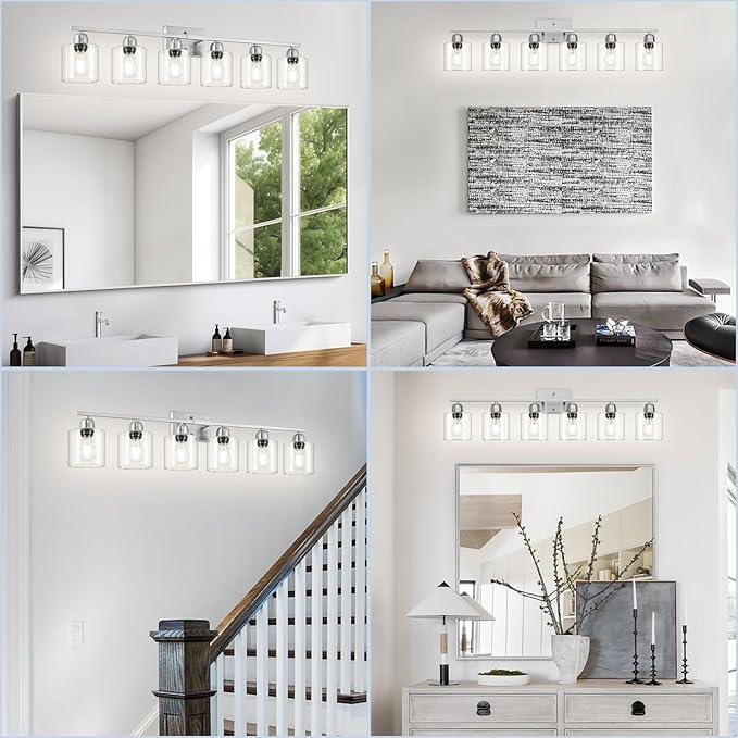 FAISHILAN Modern Brushed Nickel 6 Light Bathroom Light Fixtures,38 inch Vanity Lights for Bathroom with Clear Glass, Vanity Light for Mirror Kitchen Living Room Hallway Cabinet Porch - ModernBath