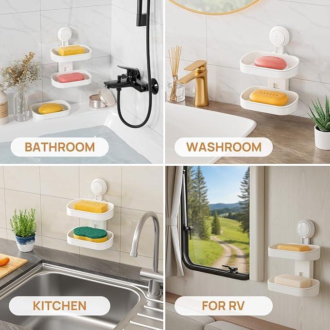 LEVERLOC Soap Dish Holder for Shower Double Layer Suction Cup Wall Mounted NO-Drilling Self Draining Removable Waterproof Strong Suction Bar Soap Sponge Holder for Shower Bathroom Bathtub Kitchen - ModernBath