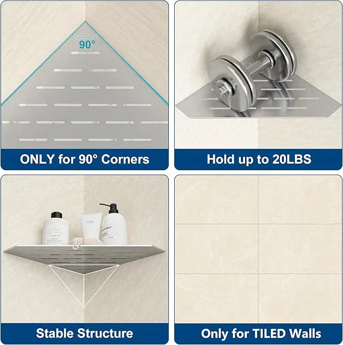 Brushed Corner Shower Shelf, Floating Corner Shelves for Tile Wall, Tile Shower Shelf, 304 Stainless Steel Wall Storage Shelves for Bathroom, No Drilling, 10 Inch, 1 Pack - ModernBath