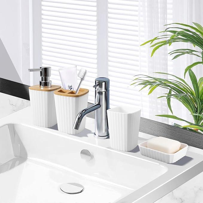 XLHOMO Bathroom Accessory Set, 9-Piece White Bathroom Set with Trash Can, Tray, Soap Dispenser, Toothbrush Holder, Toothbrush Cup, Soap Dish, Toilet Brush and Q-tip Holders for Bathroom/Housewarming - ModernBath