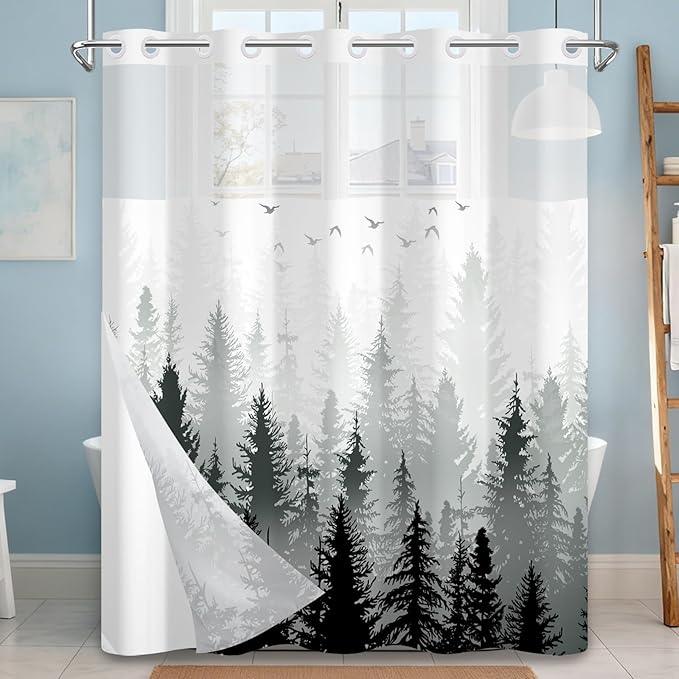 NAEMBCU No Hook Landscape Shower Curtain with Snap-in Liner, Green Misty Forest Bath Curtain with See Through Top, Waterproof Double Layer for Bathroom Decor, 71 x 74 Inch - ModernBath