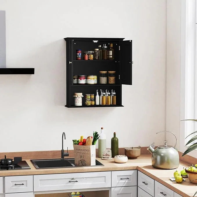 Tangkula Bathroom Wall Cabinet, Wooden Hanging Storage Cabinet with Doors & Shelves, Multipurpose Storage Cabinet for Restroom Kitchen Living Room, Wall Mounted Bathroom Medicine Cabinet (Black) - ModernBath
