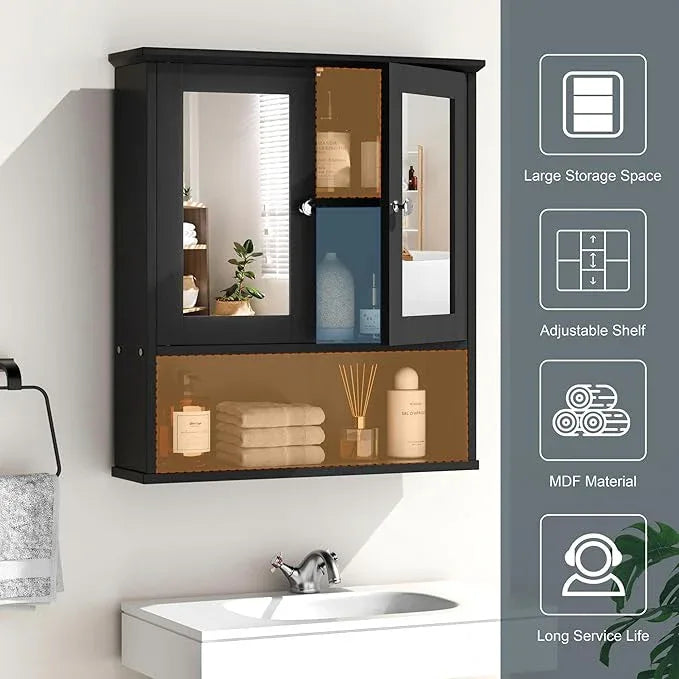 SUNLEI Medicine Cabinets with Open Shelves for Bathroom Organizer, Over The Toilet Storage Cabinet with Doors and Shelves, Bathroom Cabinet Wall Mounted with Mirror Door, Classic Black - ModernBath