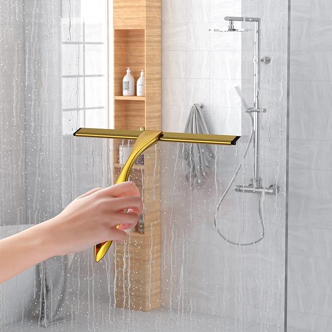 Shower Squeegee and Window Squeegee, Stainless Steel, 100% Streak-Free, Cleaner for Bathroom Showers Glass Doors, Home Mirrors, Car Windows Wiper, Adhesive Holder, Shower Door Hook, 10 Inch, Gold - ModernBath