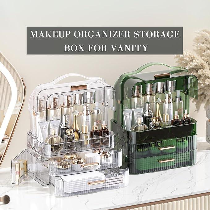 LINFIDITE Cosmetics Storage Box Transparent Lid Large Makeup Organizer Box Drawers Portable Handle Waterproof Dustproof Skincare Display Cases for Countertop, Bathroom, Dresser,Gift Clear Green - ModernBath