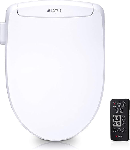 Lotus Smart Bidet ATS-500 Remote Elongated | Wireless Remote Control, Heated Toilet Seat with Adjustable Warm Water Wash, Stainless Steel Nozzle, Warm Air Dryer, Eco Mode, Easy DIY Installation