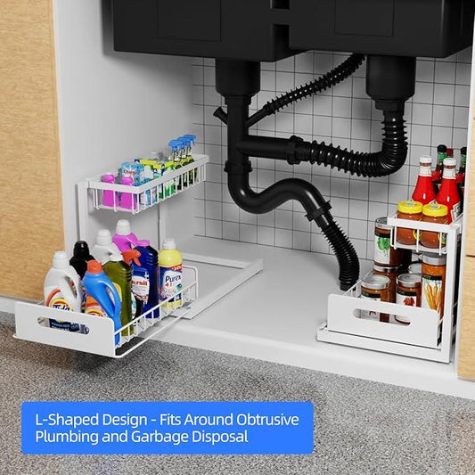 2-Tier Under Sink Slide Out Organizer, 2 Pack Pull Out Cabinet Storage Shelf with Sliding Wire Basket Drawer for Bathroom Kitchen, Countertop or Pantry Shelf, White - ModernBath
