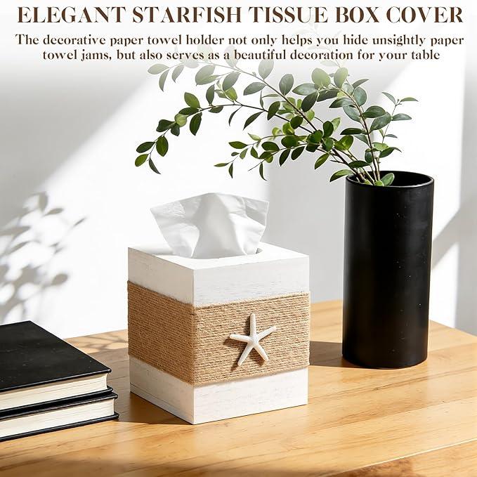 2 Pack Beach Rustic White Wood Square Tissue Box Cover with Slide-Out Bottom Panel - Beach Bathroom Decor Tissue Box Holder with Starfish for Living Room, Desk, Bedroom, Bathroom - ModernBath