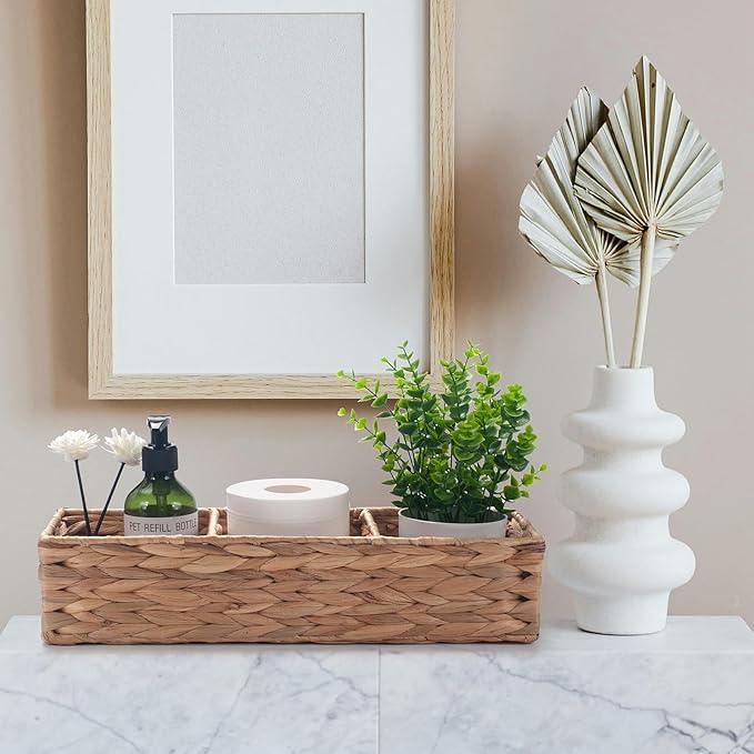 Water Hyacinth Toilet Tank Basket for Toilet Paper Rolls Wicker Baskets for Shelves Tampon Storage for Bathroom 3 Dividers (Large Compartment 16.5inch x 5.5inch x 3.5inch) - ModernBath
