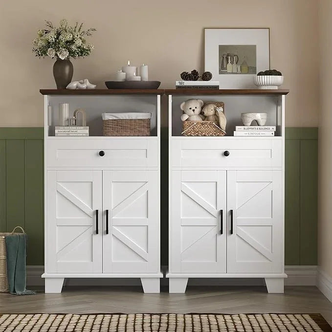 Farmhouse Bathroom Storage Cabinet with Drawer & Adjustable Shelves, White 23.6" Wide Freestanding Floor Cabinet, Barn Door, Sturdy Wood, for Kitchen, Entryway (23.6 * 11.8 * 39.3" (Floor)) - ModernBath