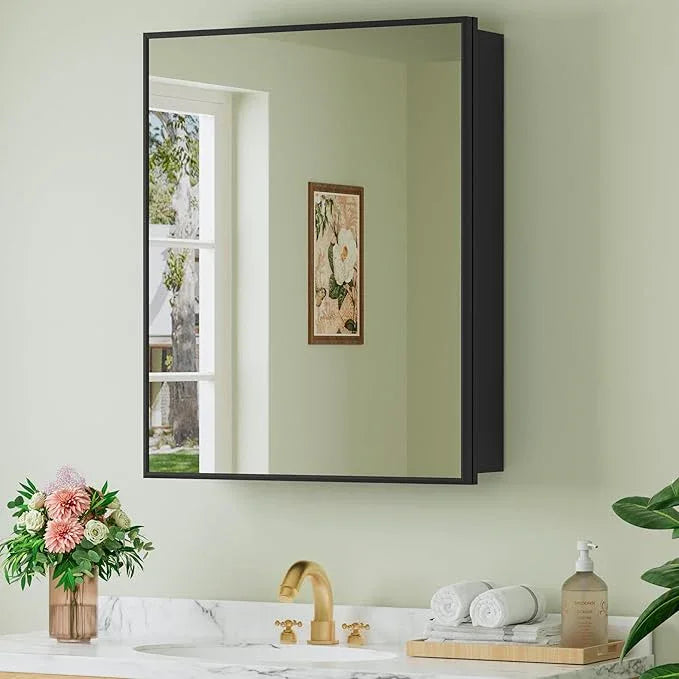 Buruis 24" x 30" Framed Medicine Cabinet with Mirror, Recessed or Wall Mounted Bathroom Cabinet, Adjustable Tempered Glass Shelves, Left/Right Open Reversible, No Assembly Required, Black - ModernBath