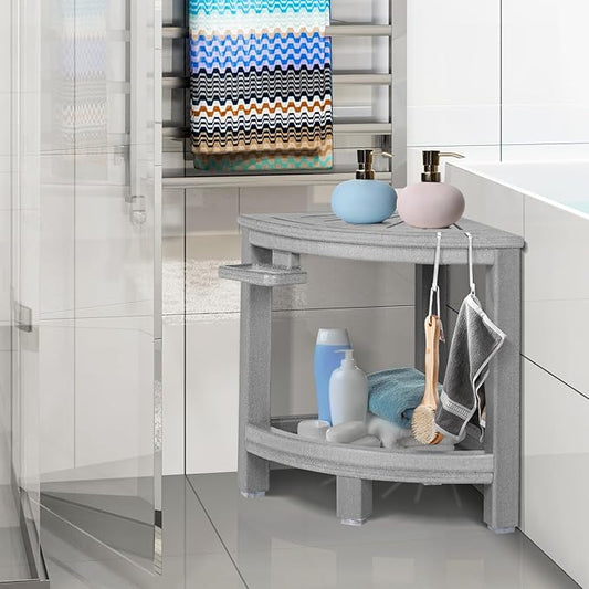 LOENIY 2-Tier Corner Shower Stool with Hooks & Soap Dish, HDPE Shower Bench for Shaving Legs, Wood-Like Shower Stool for Inside Shower with Non-Slip Foot Pads, Waterproof Shower Foot Rest (Grey)