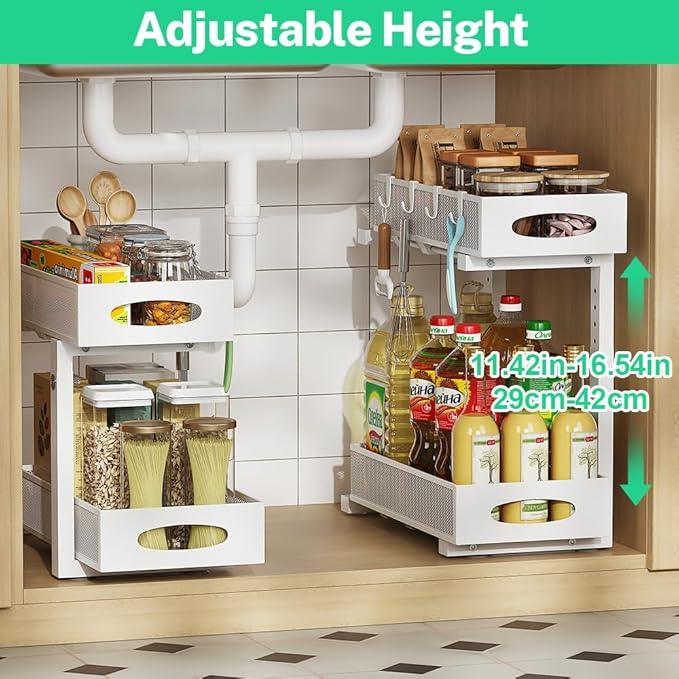 Under Sink Organizer, 2-Tier Pull Out Cabinet Organizer with Adjustable Height, Use in Kitchen Bathroom Cabinet and Countertop Storage, White, 2-Pack - ModernBath