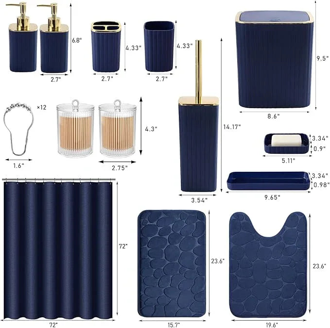 XLHOMO Bathroom Set with Shower Curtain and Rugs- 25PC Blue Bathroom Accessory Set, Navy Blue Shower Curtain Set, Toilet Brush, Trash Can, Qtip Holder Dispenser & Soap Dispenser - ModernBath