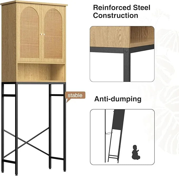 Rattan Toilet Storage Cabinet, Over the Rack Wood Cabinet with Metal Stand, Bathroom Organizer with Adjustable Shelf, Tall Freestanding Washer Shelf, Small Cupboard, Space Saver, Natural style - ModernBath