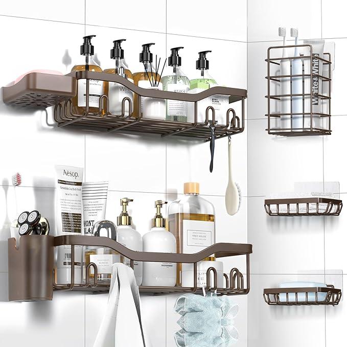 Shower Caddy Adhesive Shower Organizer 7-Pack, Rustproof Stainless Steel Bathroom Shelves, Large Capacity No-Drill Rack Storage Accessories with Soap Dish Toothbrush Holder Hooks (Brown) - ModernBath