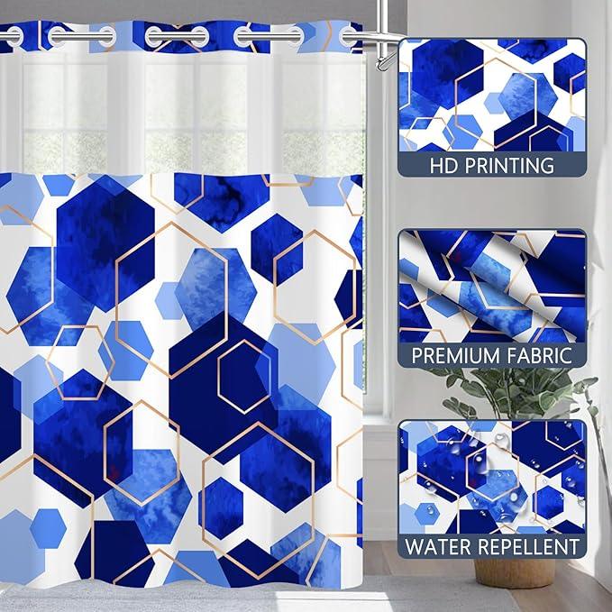 NAEMBCU No Hook Geometric Shower Curtain with Snap-in Liner, Blue and Gold Hexagons Bath Curtain with See Through Top, Waterproof Double Layer for Bathroom Decor, 71 x 74 Inch - ModernBath